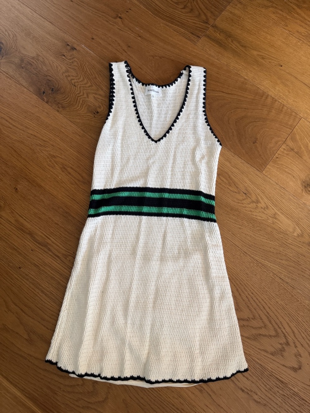 Heartloom White/cream Knit V-Neck Dress with Green and Black Waist Stripes